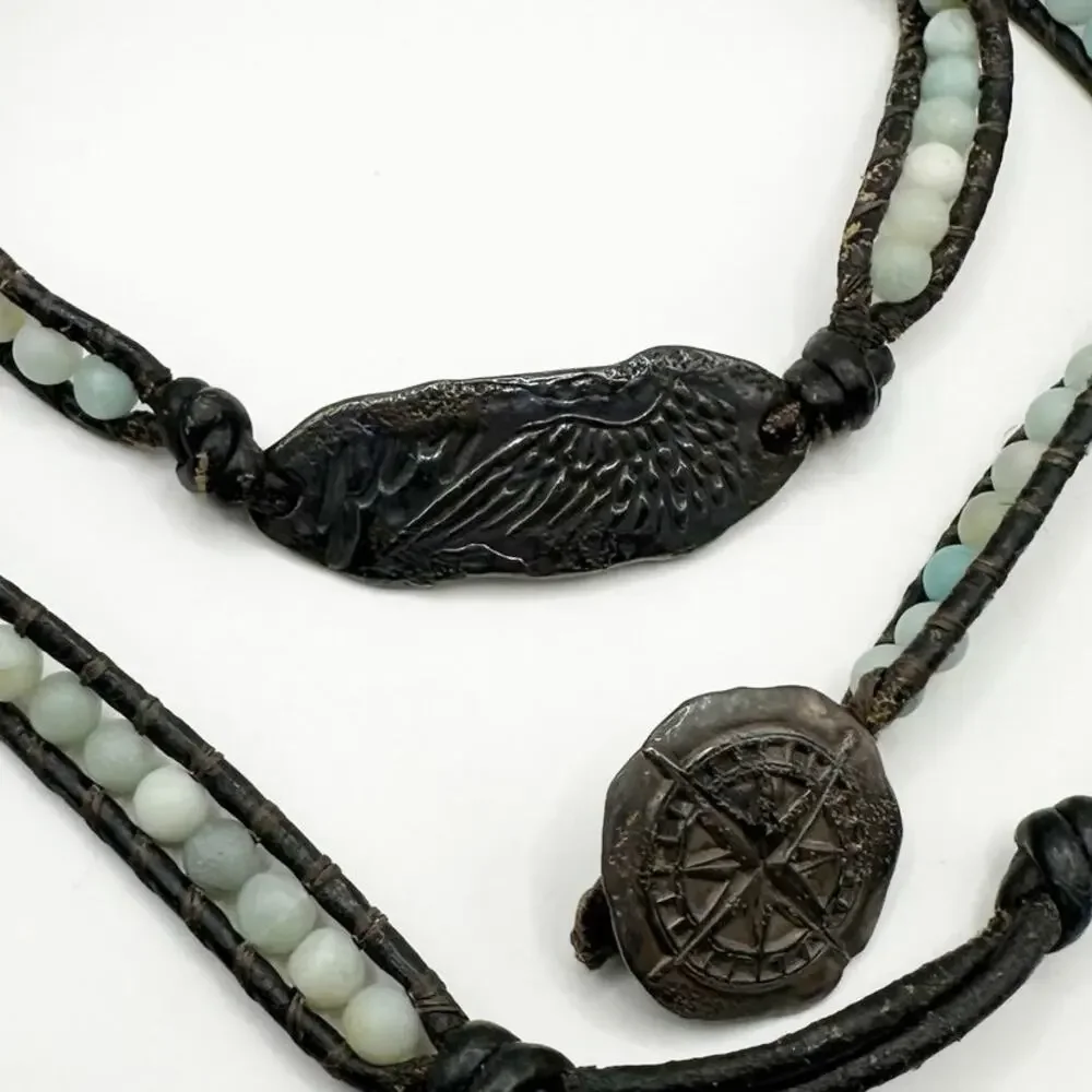 Wrap Beaded Bracelet Feather Angel Wing Beads Boho Festival Western Blue Brown